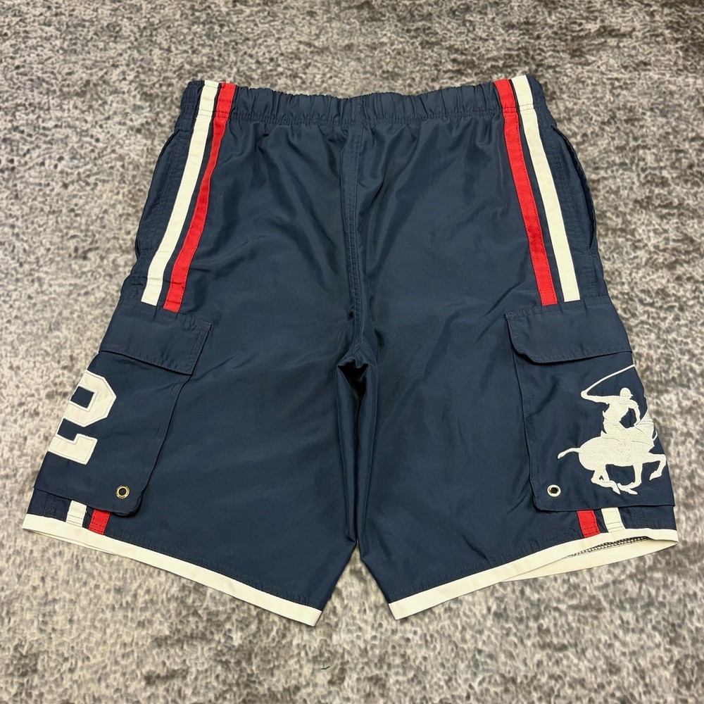 Beverly Hills Polo Club Swim Trunks Mens Medium Navy Blue Mesh Cargo Shorts Y2K